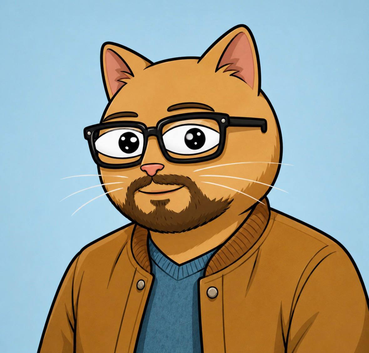 SUICAT, an orange cat with glasses and a brown jacket
